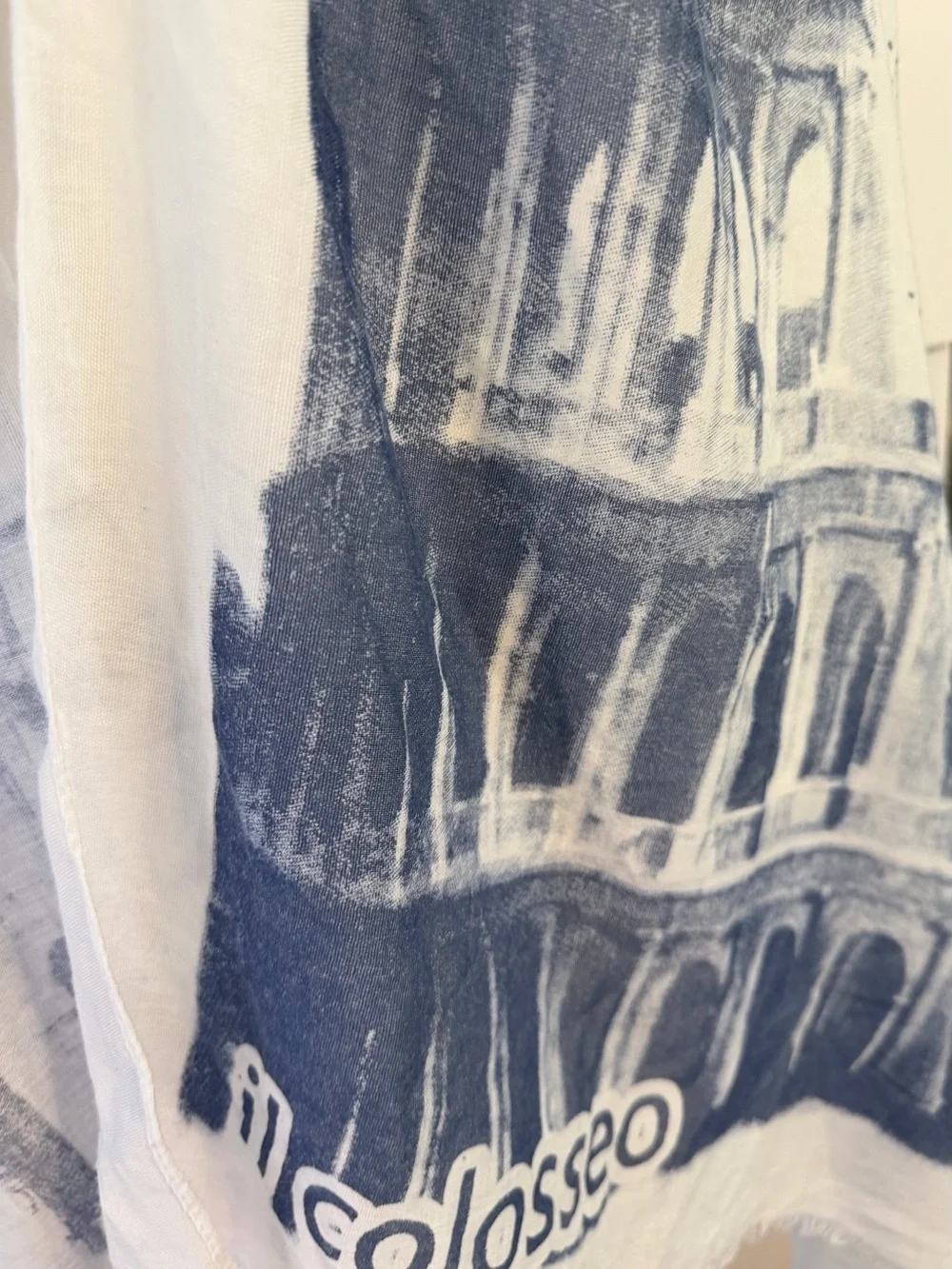 White & Blue Scarf, Shawl, Poncho Sheer Rome, Italy Theme with Fringe